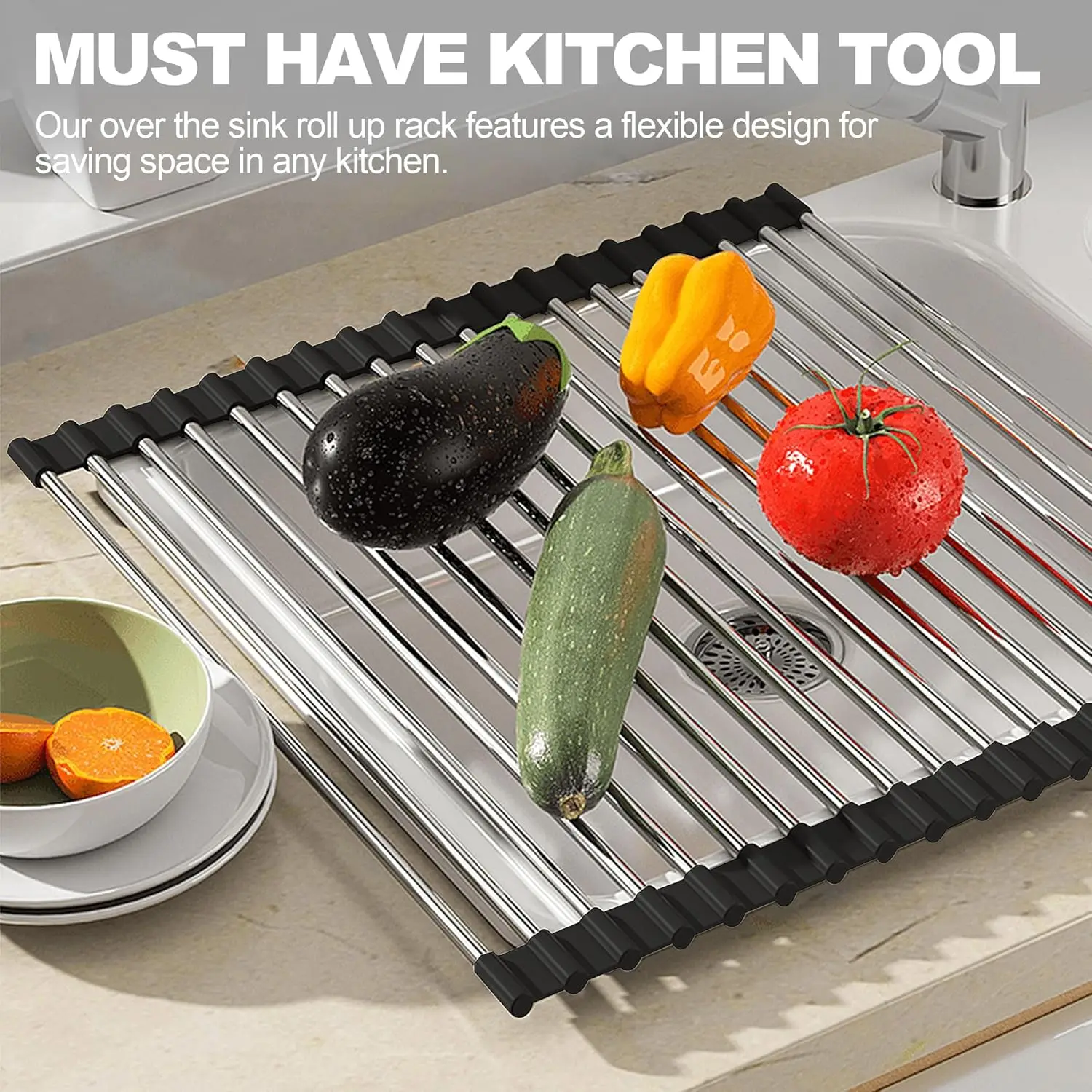 12*17inch Foldable 15-Tube Stainless Steel Sink Drain Rack Kitchen Dish Vegetable Drying Holder Washing Water Draining Holder
