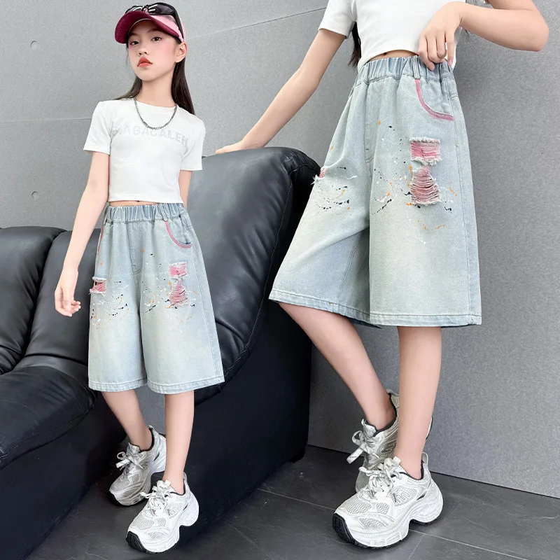 Kids Child Summer y2k Knee Length Ripped Denim Shorts with Drawing Girl Harajuku Vintage Pocket Capris Shorts Hip Hop Pants Hole