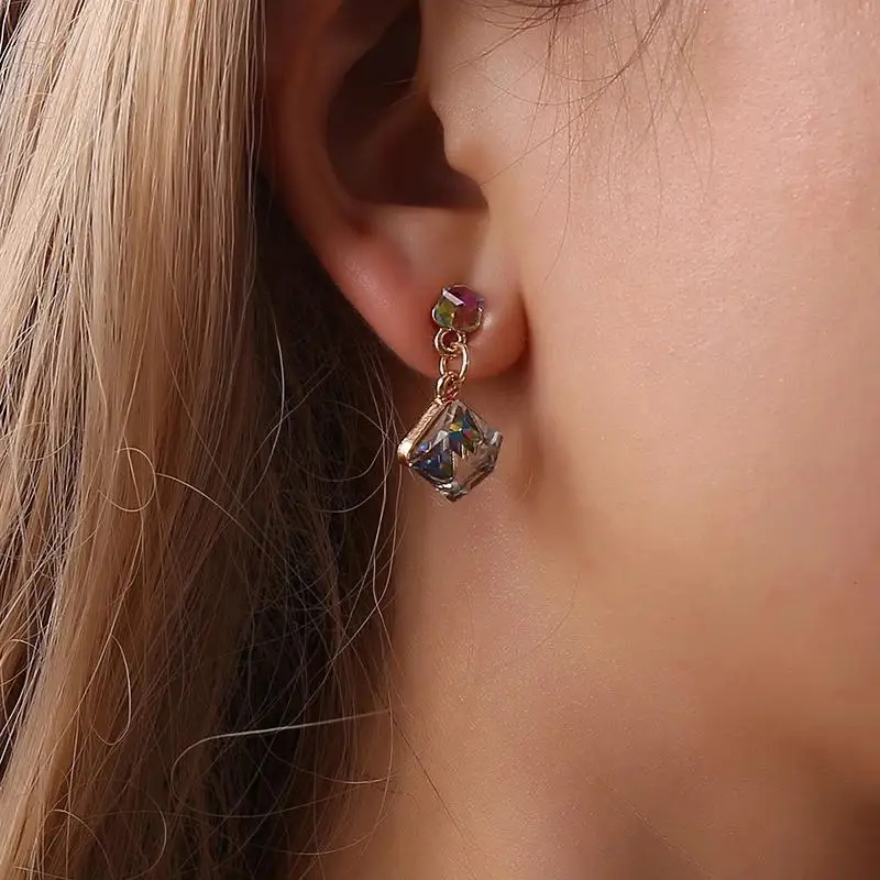 Geometric Square Crystal Drop Earrings Aurora Rainbow Effect Concise Women Stud Earrings Fashion Jewelry Party Present Supplies