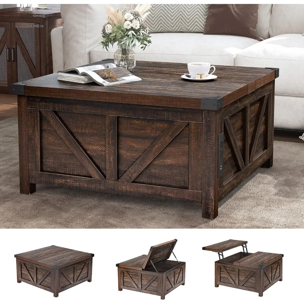 Lift Top Coffee Table Storage, Square Center Table Charging Station&USB Ports, Living Room Central Table w/Large Hidden Space