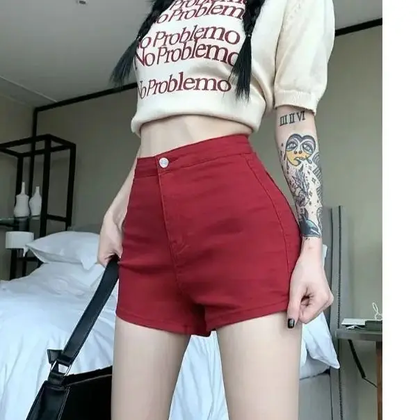 High Quality Denim Shorts Red Tight Women Hot Sweet Summer Leisure High Waist Student Harajuku Y2k Korean All-Match Fashion