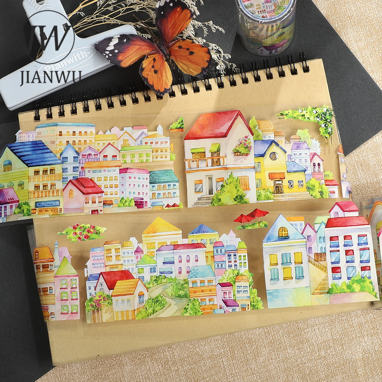 JIANWU 70mm*5m Vintage Colorful Street House Landscape Landscape Material Collage Scrapbooking PET Tape Journal Stationery