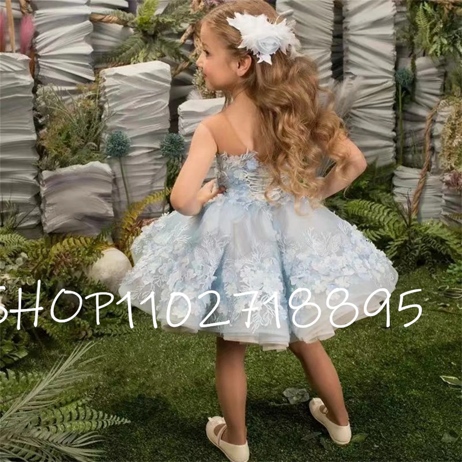 

Light Blue Sleeveless Flower Girl Dresses Tulle Appliques Lace Up Ball Gown Kids Birthday Party Short Pageant For Wedding