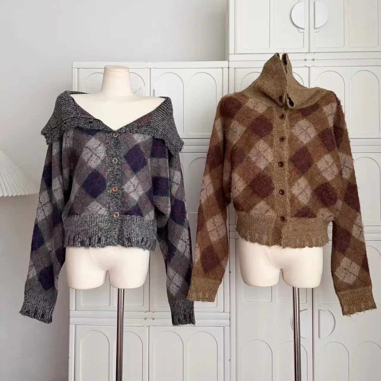 Sweter rozpinany w kratę w stylu vintage, luźny, z dzianiny, patchworkowy, wełniany kardigan na jesień i zimę, odzież modowa C225