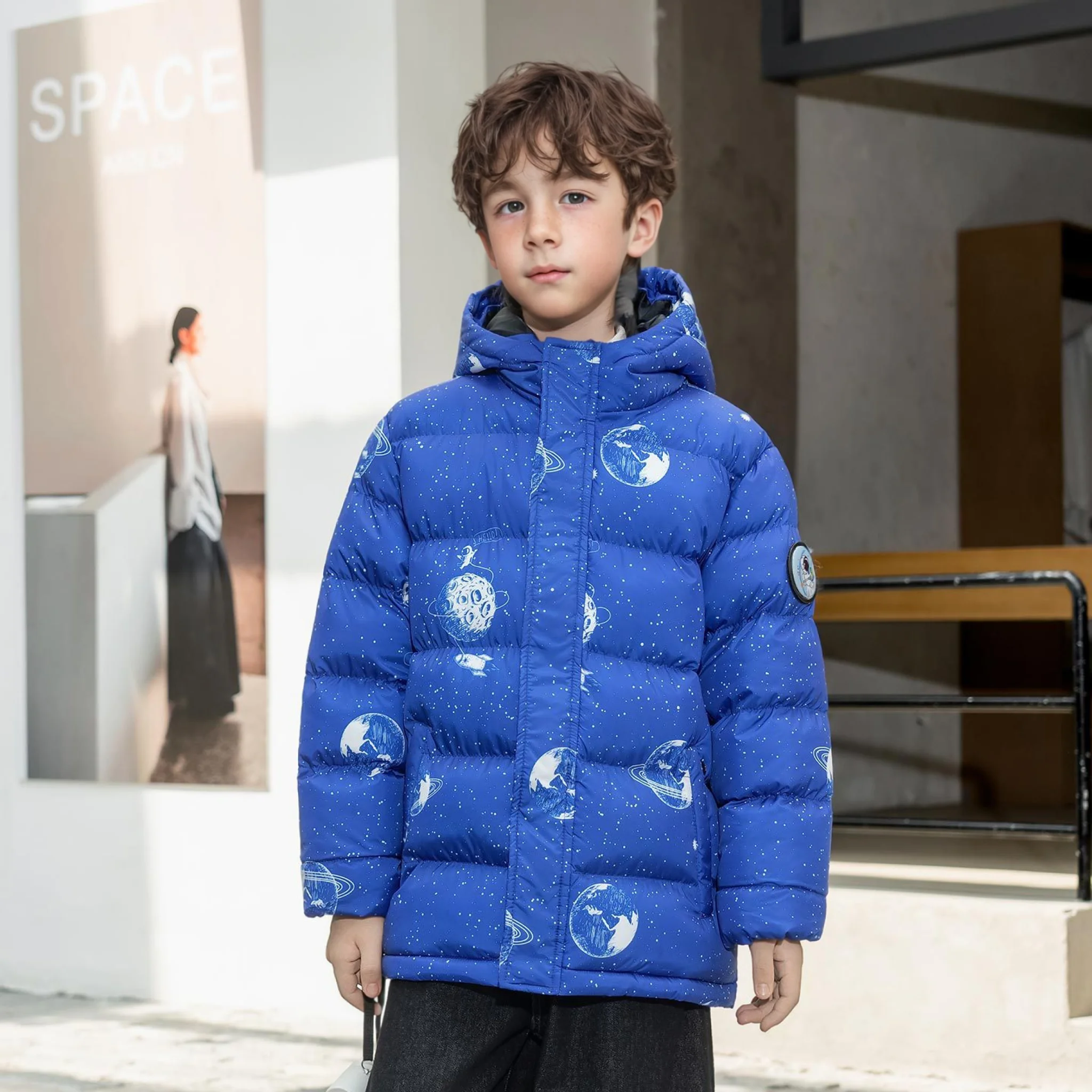 

Teenager Kids Space Print Cotton Padded Outwear Boys Girls Winter Thick Warm Windproof Cotton Content Coat Children Garment
