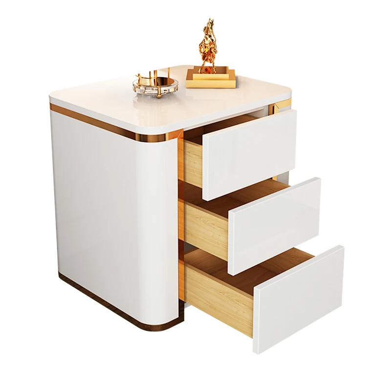 

Light luxury style post-modern simple bedside table, black and white glossy lacquered stainless steel gold-plated bedroom