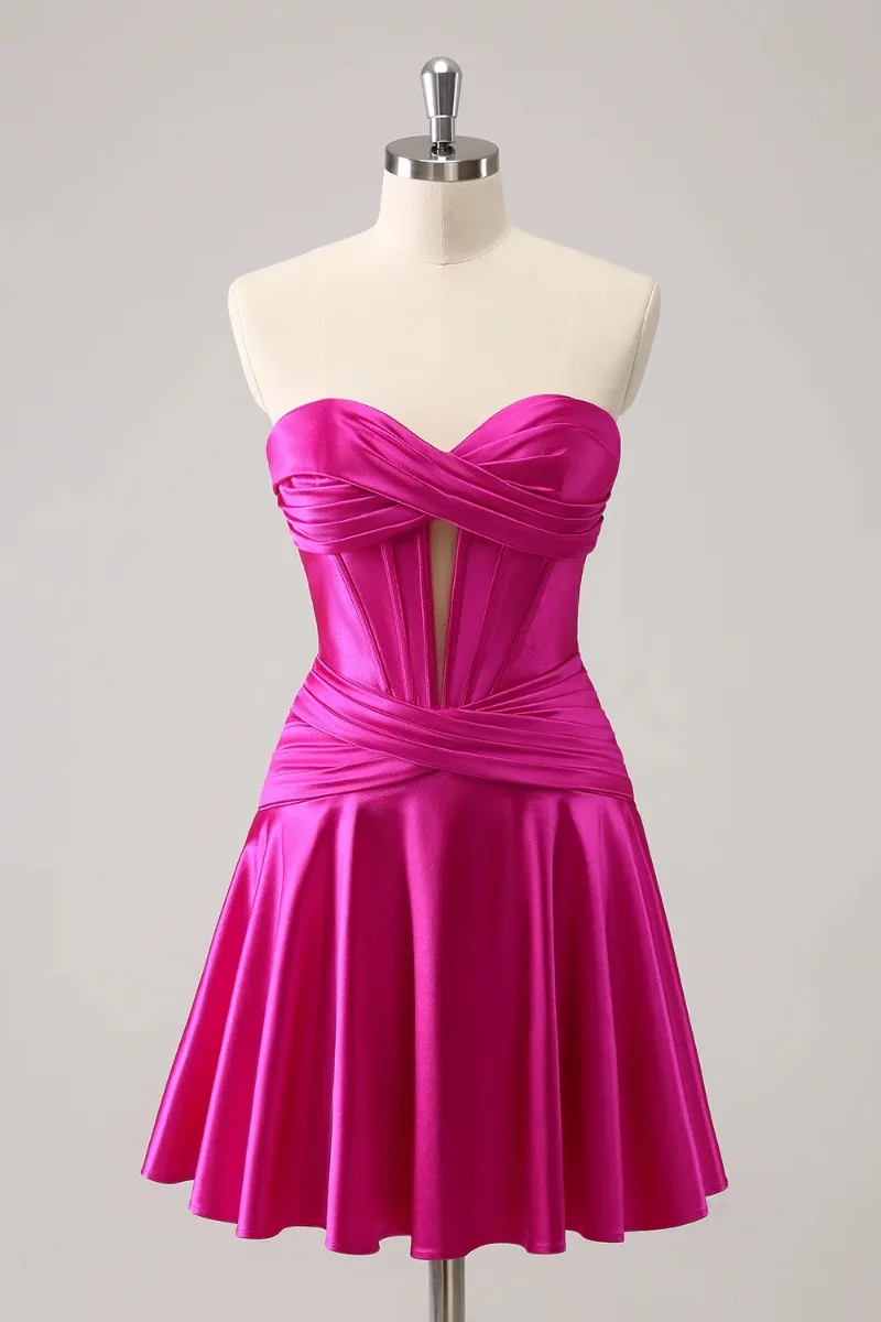 

Chic Designed Satin Homecoming Dress Summer Sexy Strapless Prom Short Dress Cocktail Solid Classic Above Knee Party Gowns