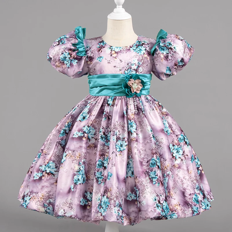 2026 Fashion Print Flower Girl Dresses Wedding Short Sleeve Kids Party Dresses for Girls Summer Children's Evening Dresses 2-10Y