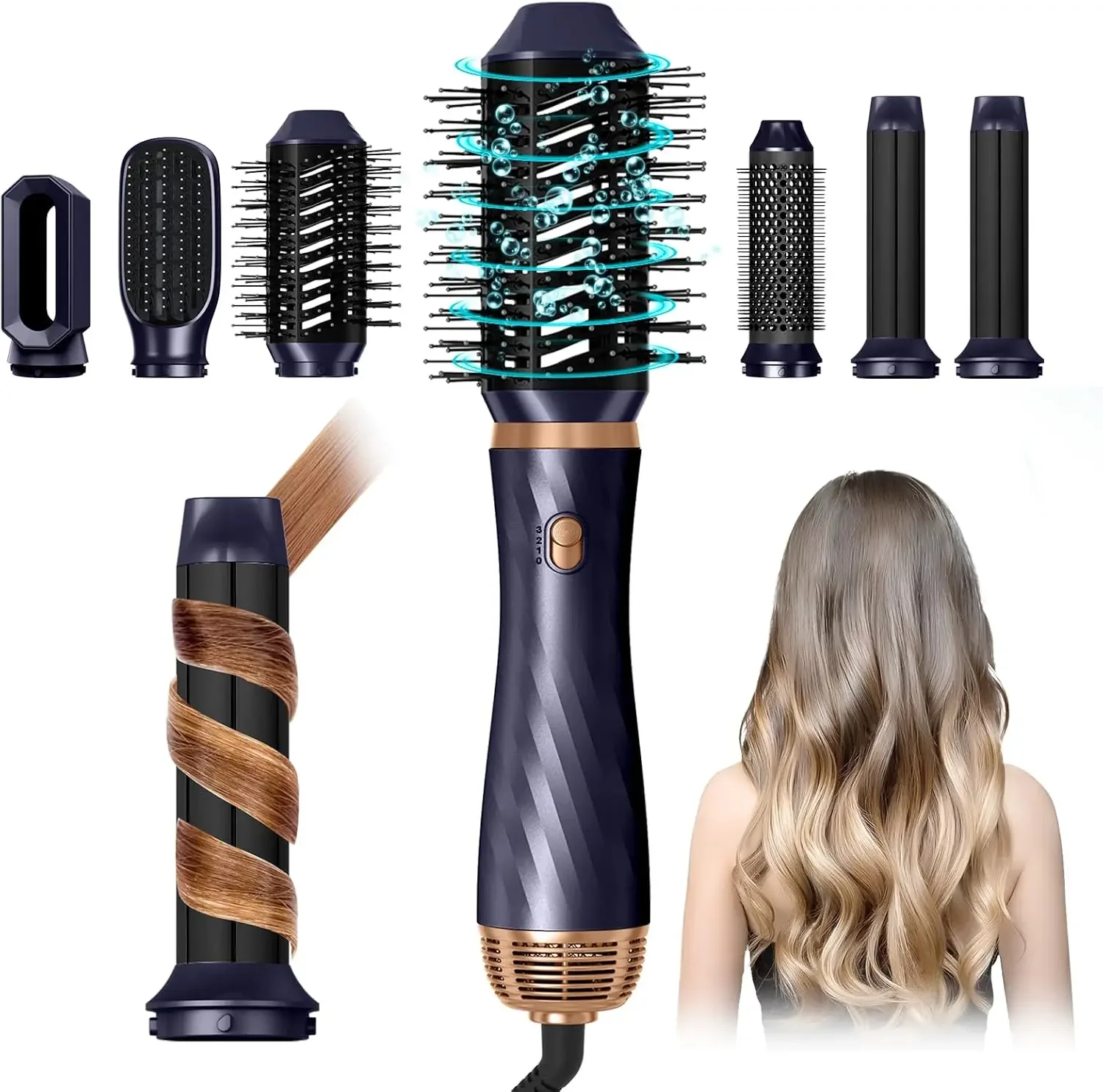 

Upgrade 6 in One Detachable Rotating Blow Dryer Brush for Curling Wand, Negative Ionic Hair Styling Tool Set with Auto Shutoff T