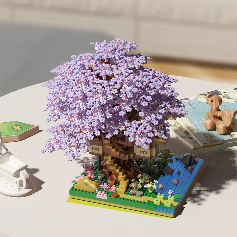 DIY Purple Romantic Cherry Blossom Flower Pink Tree House Train Assembly Building Blocks Classic Model Bricks Toys For Kids