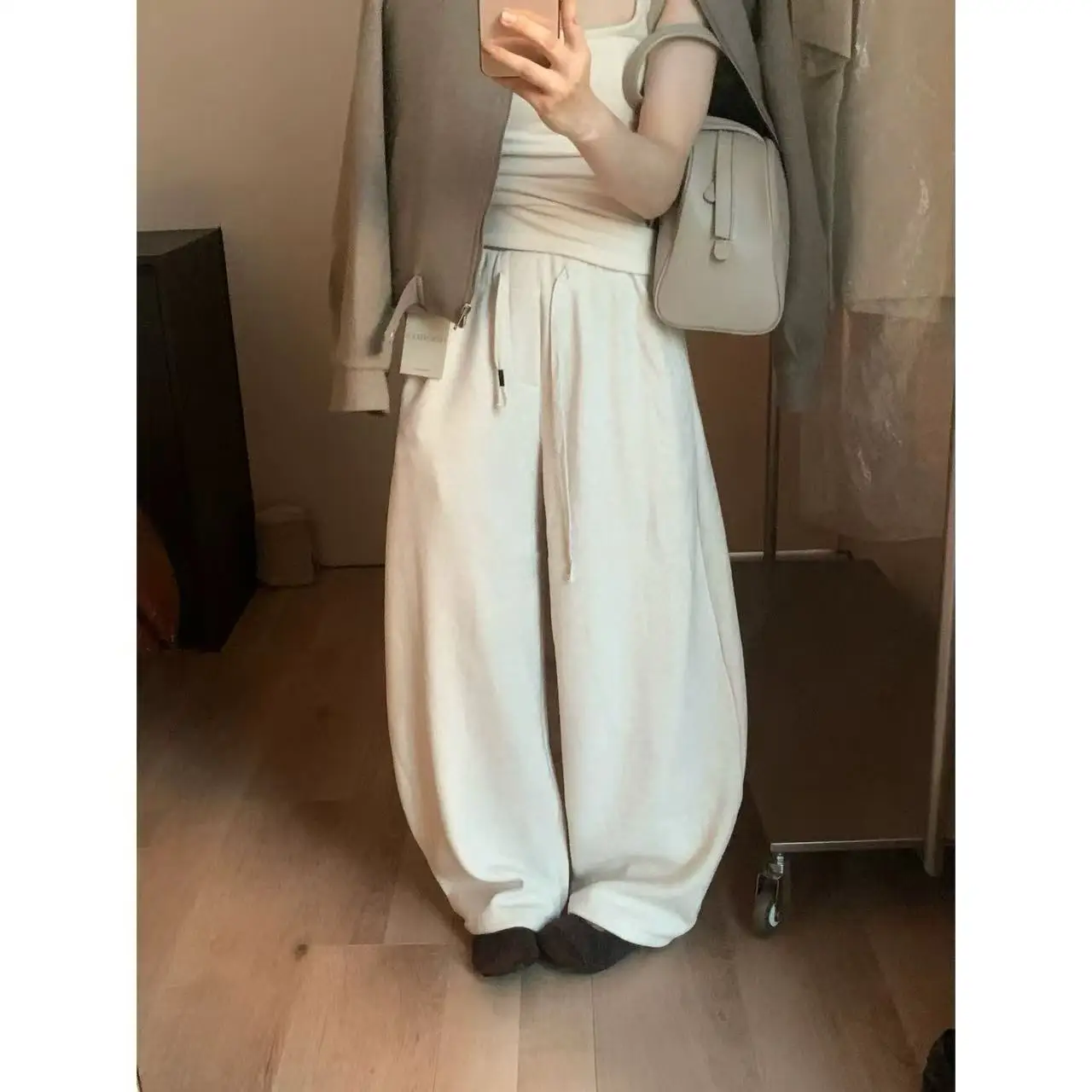 Retro Slimming Thickened Fleece Casual Floor-Length Pants Women's Bend Knife High Waist Loose Fit Long Trousers Korean Style