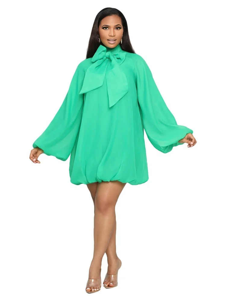 Vestido Wmstar para mujer, venta al por mayor, vestidos de mujer europeos americanos con decoración de lazo, mangas abullonadas, forro de gasa suelto 2025