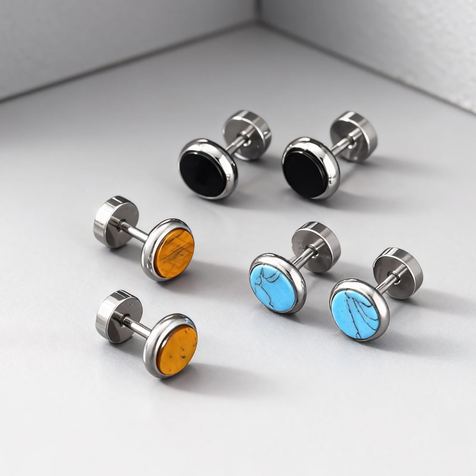 Classic Stainless Steel Round Stud Earrings, Agate Turquoise Inlaid, Screw Back Earrings For Women Men