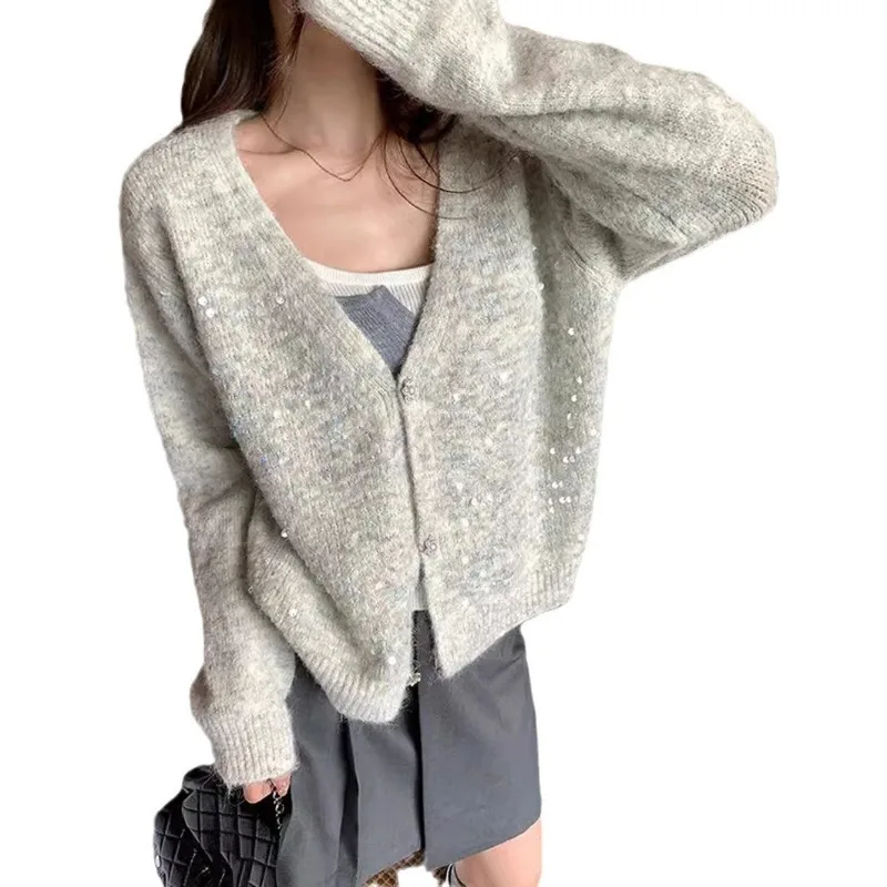 Versatile Temperament Sweater Cardigan Trend V-neck Sequin Knit Cardigan Women Fashion Button Autumn Winter Design Sense Sweater