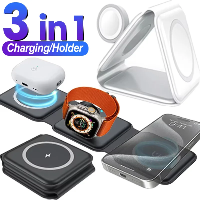 

3-in-1 Wireless Charger Stands for iPhone 15 16 Pro Foldable Travel Charging Station For Apple Watch AirPods Pro Phone Holder
