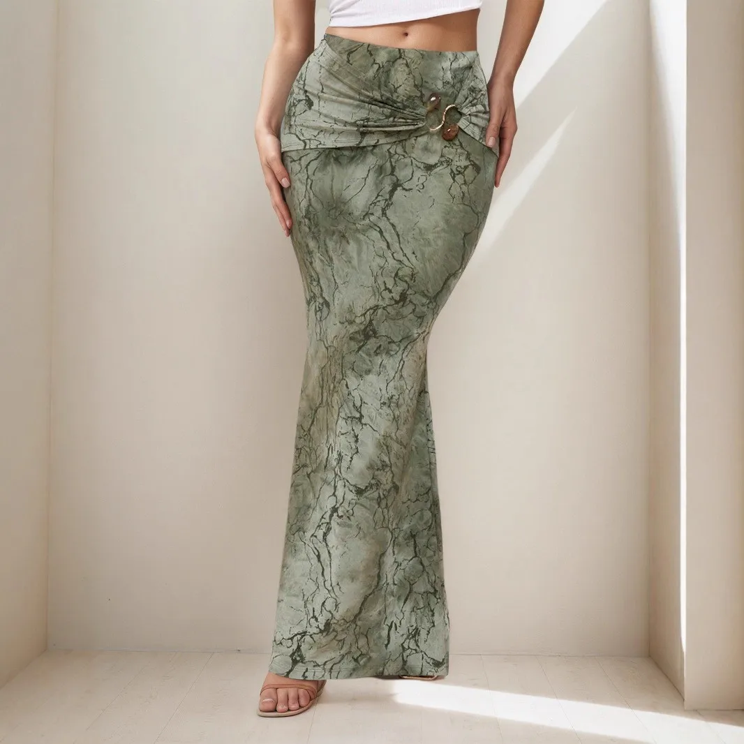 

Summer Women's Long Printed Wrap Front Skirt Olive Green High Waist Maxi Skirt Brown Marble Print Slit Hem Elegant Resort Wear