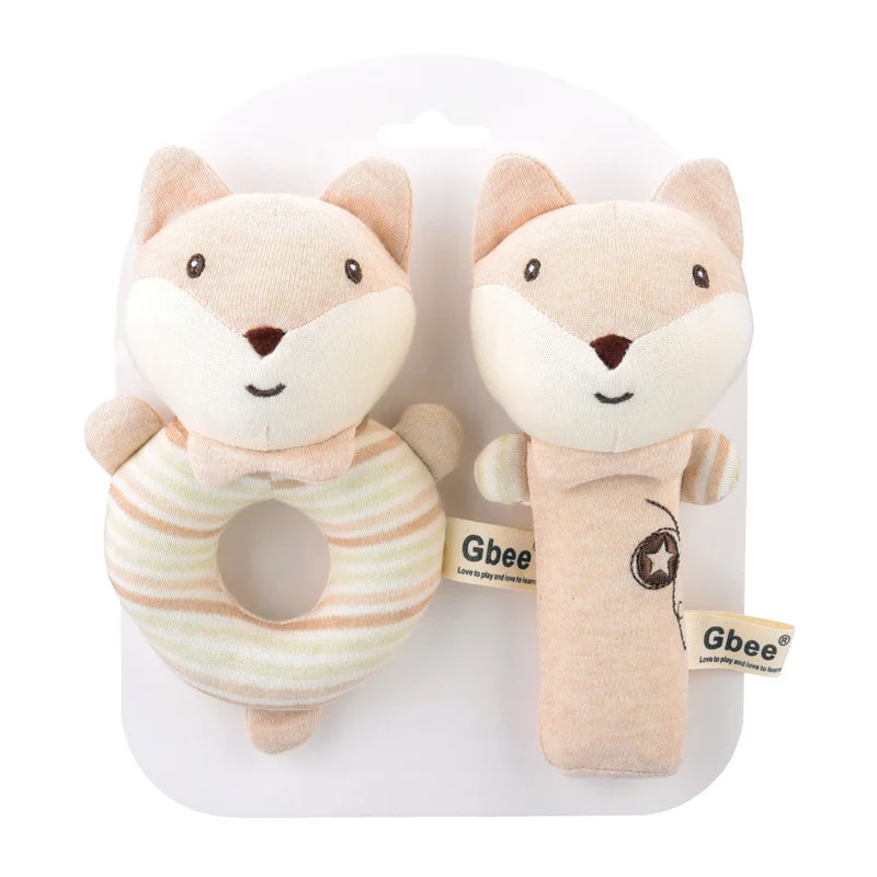 Plush Baby Soft Rattle Toys Set, Beige Lion Fox Elephant Infants Stuffed Animal Plush Rattle Sensory Toys, 2 PCS