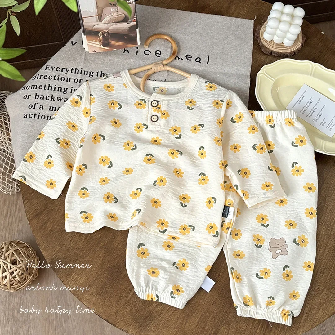 Kids Summer Thin Pajamas Homewear New 2025 Boys Girls Cute Cartoon Panda T-shirts + Pants Sleepwear Baby Casual Clothing Set