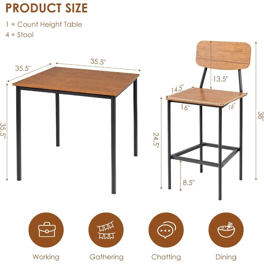 5-Piece Dining Table Set W/Counter Height Table & 4 Bar Stools, Industrial Kitchen Dining Table Set W/Footrest & Backrest