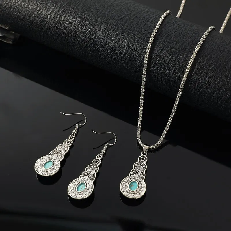 3pcs Necklace Earrings Set For Men And Women Vintage Style Blue Crystal Inlaid Turquoise Pendant With Lantern Chain Jewelry