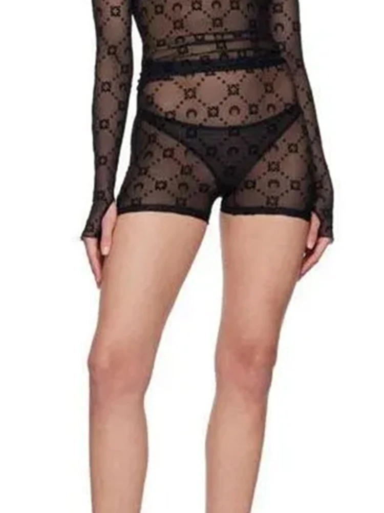 

Сетчатые плюшевые шорты женские черные с лунным принтом летние корейские модные сексуальные повседневные штаны универсальные облегающие шорты