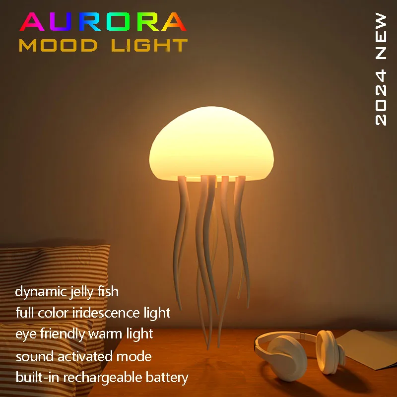 NEW Cartoon Dancing Jellyfish Night Light RGB Gradient Cute Jellyfish Bedside Lamp Voice Control Type-C Charging LED Night Lamp