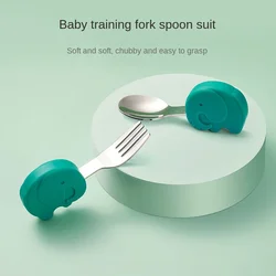 Infant and Children's Tableware and Complementary Food Stainless Steel Small Silicone Short Handle Fork Spoon Set