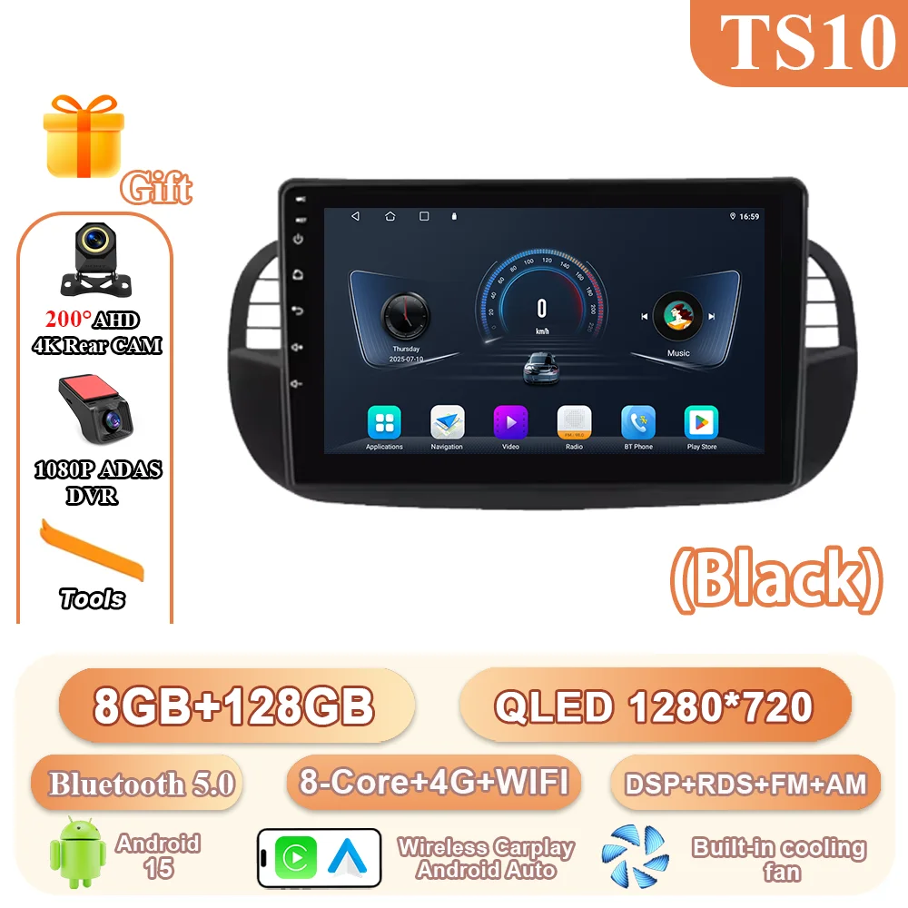 9 ''Android 15 Autoradio Stereo Voor Fiat 500 2007-2015 Auto GPS Navigatie Stuurbediening Multimedia Carplay 4G + WIFI