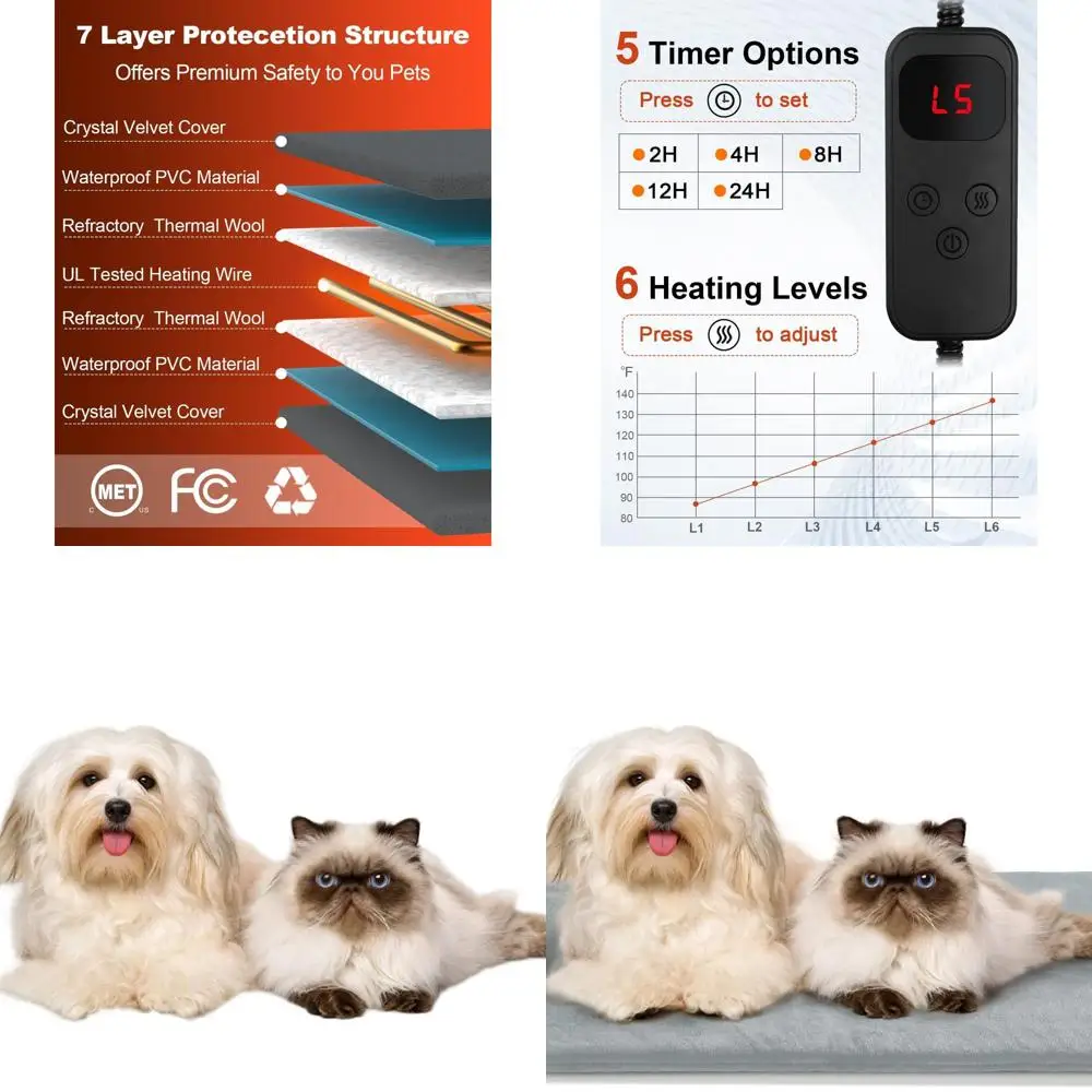 

Waterproof Adjustable Heated Pet Bed for Cats & Dogs, Indoor/Outdoor Use, 6 Temps & 5 Timers, Grey, L-28x16