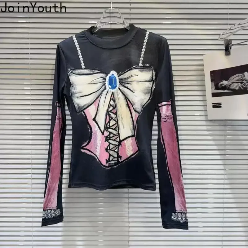 2024 Ropa Mujer Harajuku T-Shirty dla kobiet O-neck Long Sleeve Tunic Tees Fashion Butterfly Print Camisetas Casual Y2k Tshirt