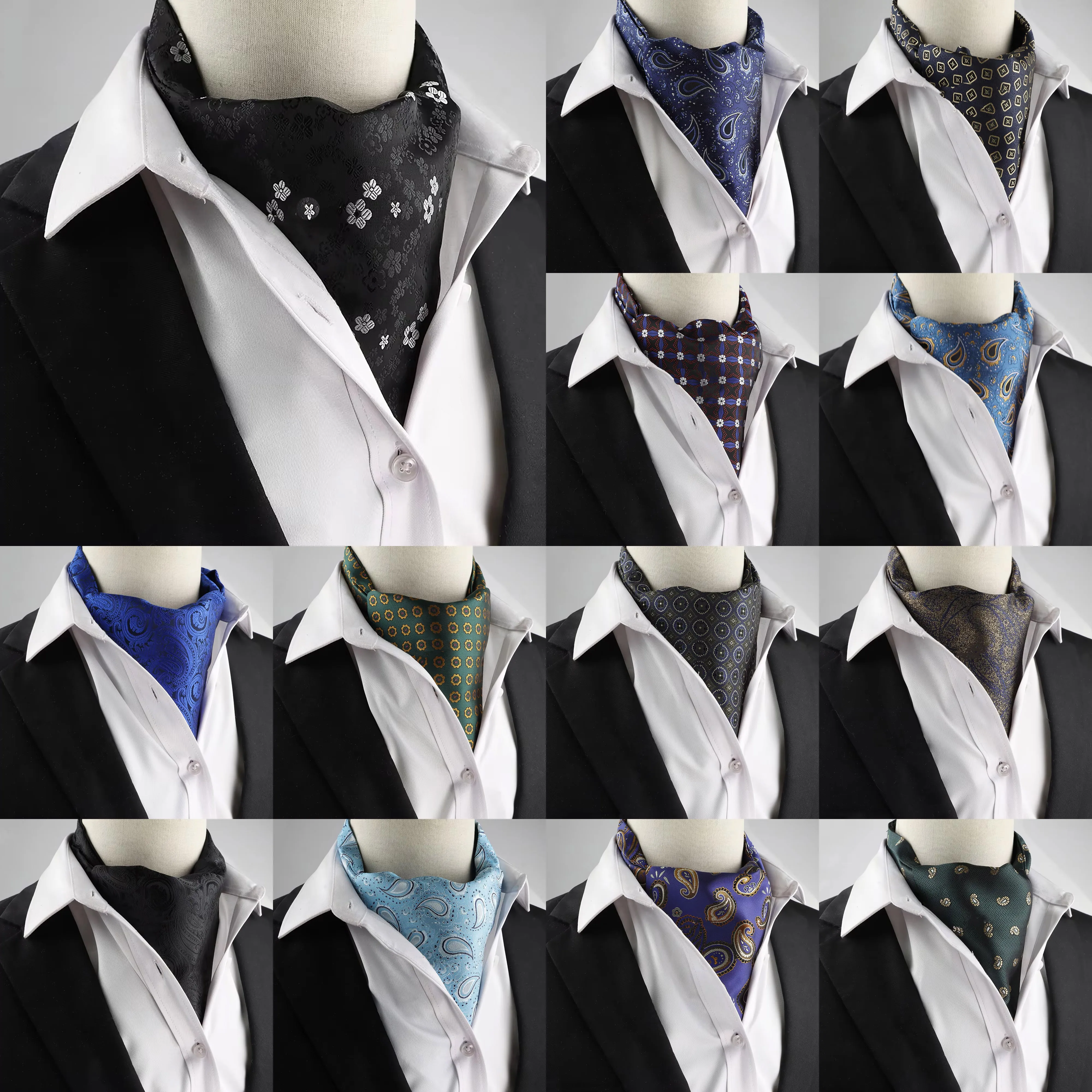 Men Navy Blue Small Floral Ascot Tie Classic Flower Pattern Cravat Formal Business Wedding Suit Neck Accessory Gentleman Gift