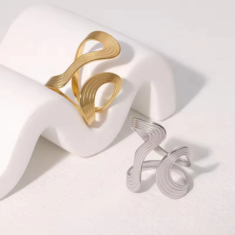 Stainless Steel Gold Color Ring Women Men Colorfast Design Adjustable Fashion Exaggerated Style Party Daily Jewelry Gift
