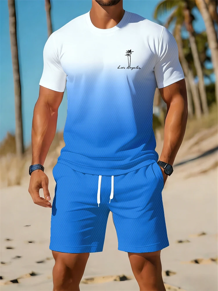 Men's Hawaiian-Style Gradient-Print Short-Sleeve Set Casual Crew-Neck T-Shirt and Shorts Set Breathable Quick-Dry Sports Set