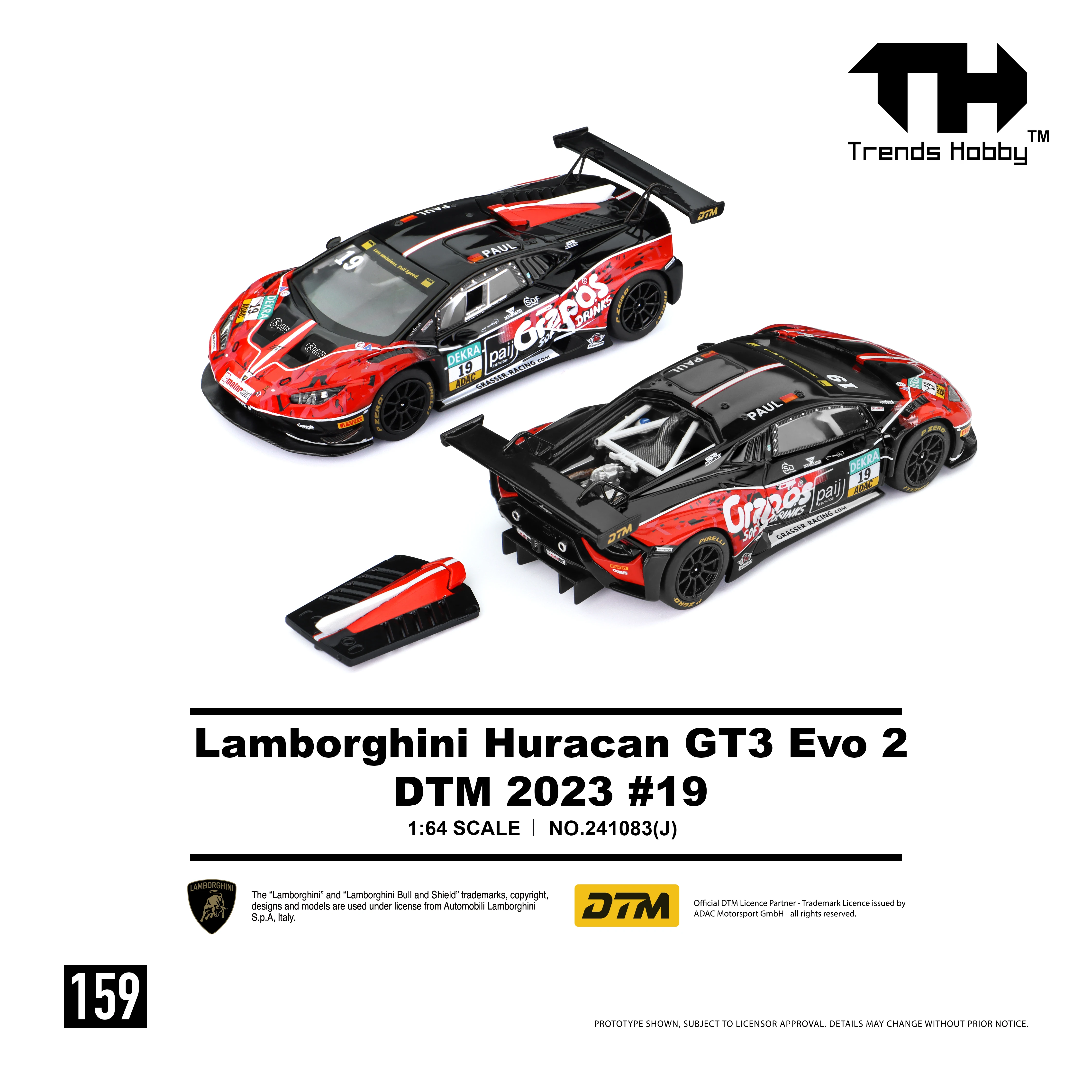 Trends Hobby 1/64 Lamborghini Huracan GT3 EVO2 2023 DTM NO.19 Racing Miniature Model Toy Car Free Wheels Diecast Collection Gift