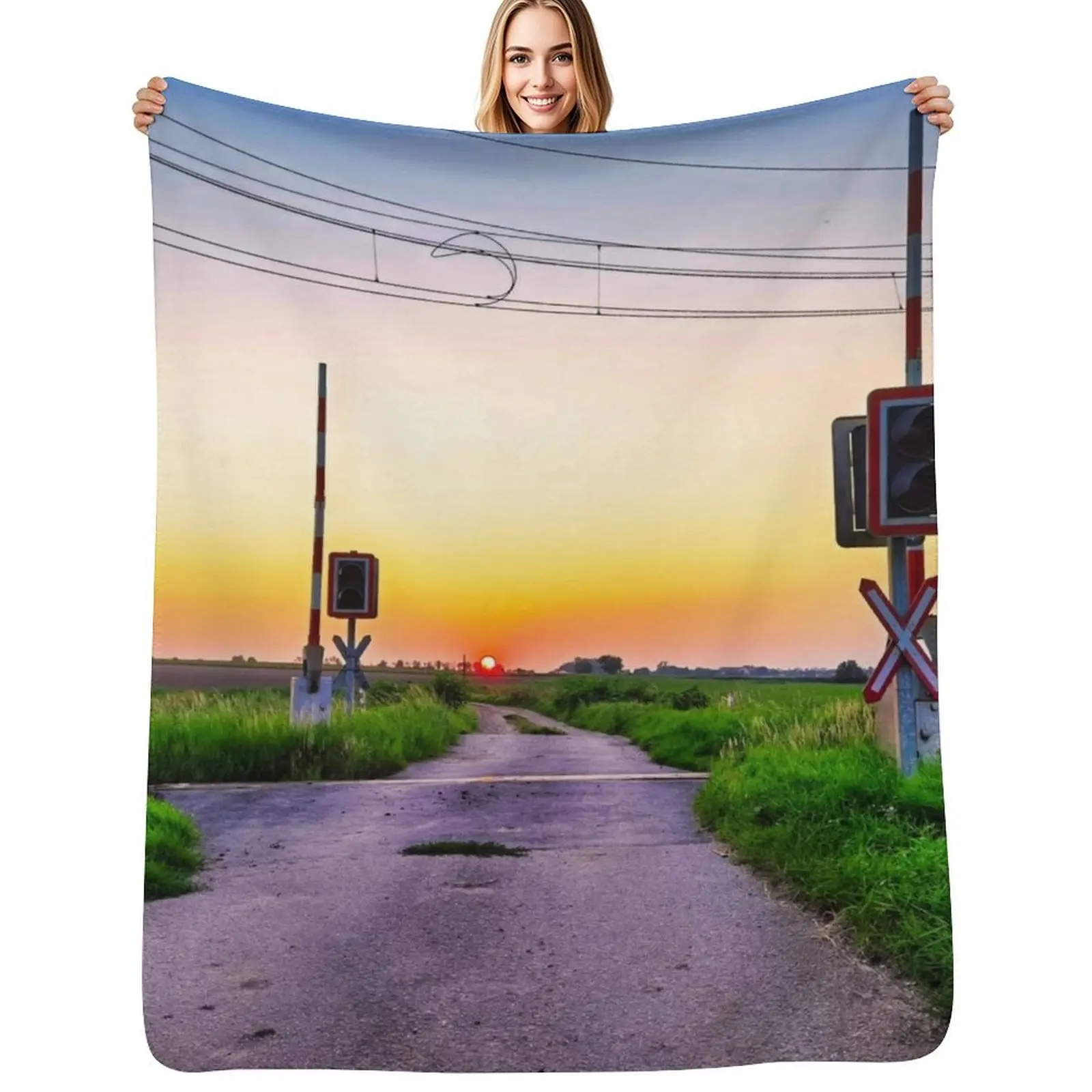 Railroad crossing - with sunset behind Throw Blanket Picnic Thins for sofa Soft Plaid Designers Blankets
