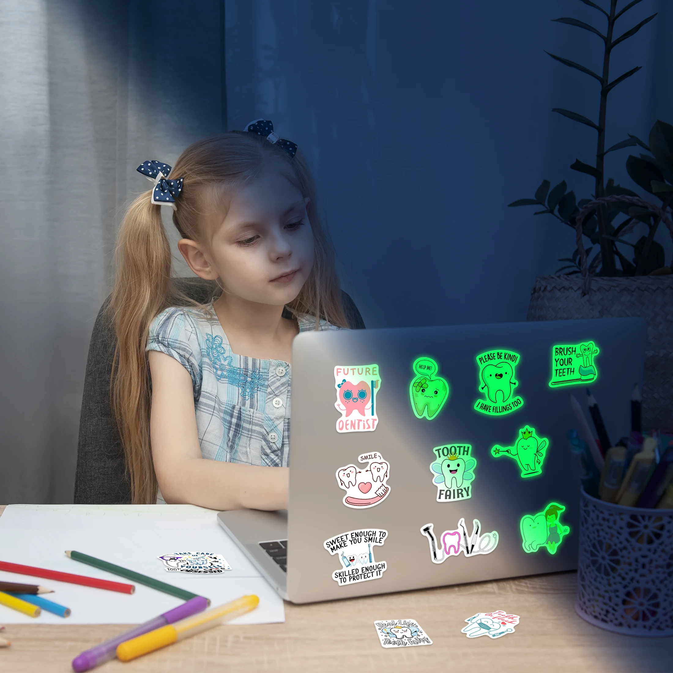 어둠 속에서 51 Pcs 광선 치과 건강 테마 스티커 치아 요정 방수 비닐 칫솔 물병 어린이를위한 노트북 데칼