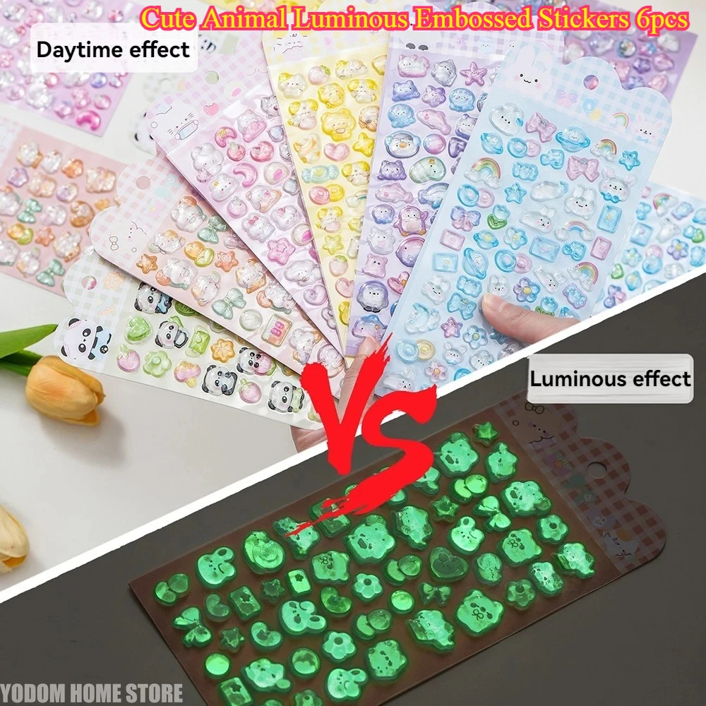 

Cute Animal Luminous Embossed Stickers 6pcs - 3D Gemstone for Scrapbooking Material Water Bottle Phone