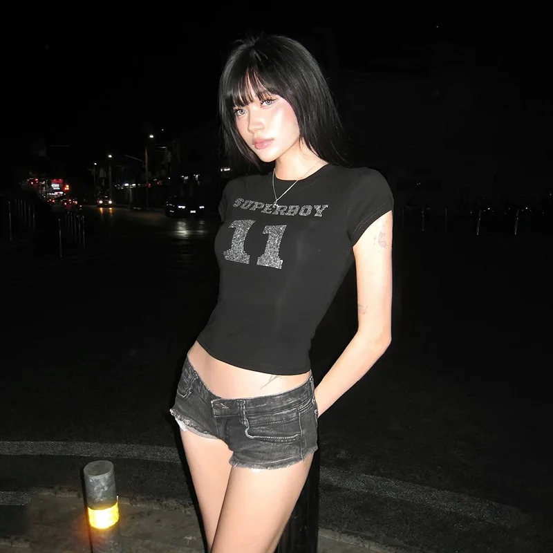 

2025 Gothic Punk T-shirt New Women's Clothing Solid Color Slim Fit Street Fashion Round Neck Printed Short Sleeved Top For Women