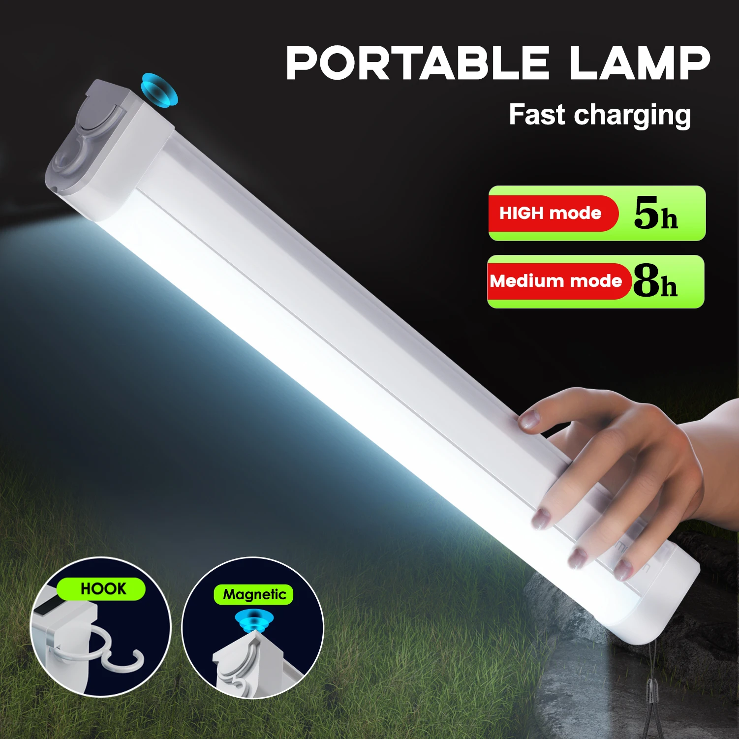 Classic Led Portable Rechargeable Strip Light, Dual Fixation with Magnetic Attachment and Hook, Multi-Level Dimming, Long-Lasting Battery Life, Suitable for Power Outage Maintenance/Car Camping/Fishing and Stall Setup