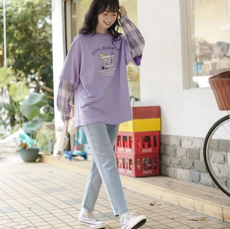 2023 Autumn Thin Splice Fake Two Piece Light Purple Long Sleeve T-shirts New Korean Version Loose Versatile Student Top