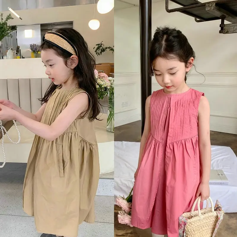 

Girls' Sweet Pleated Sleeveless Tank Dress26New summer children's clothing wholesale3-8Years Old