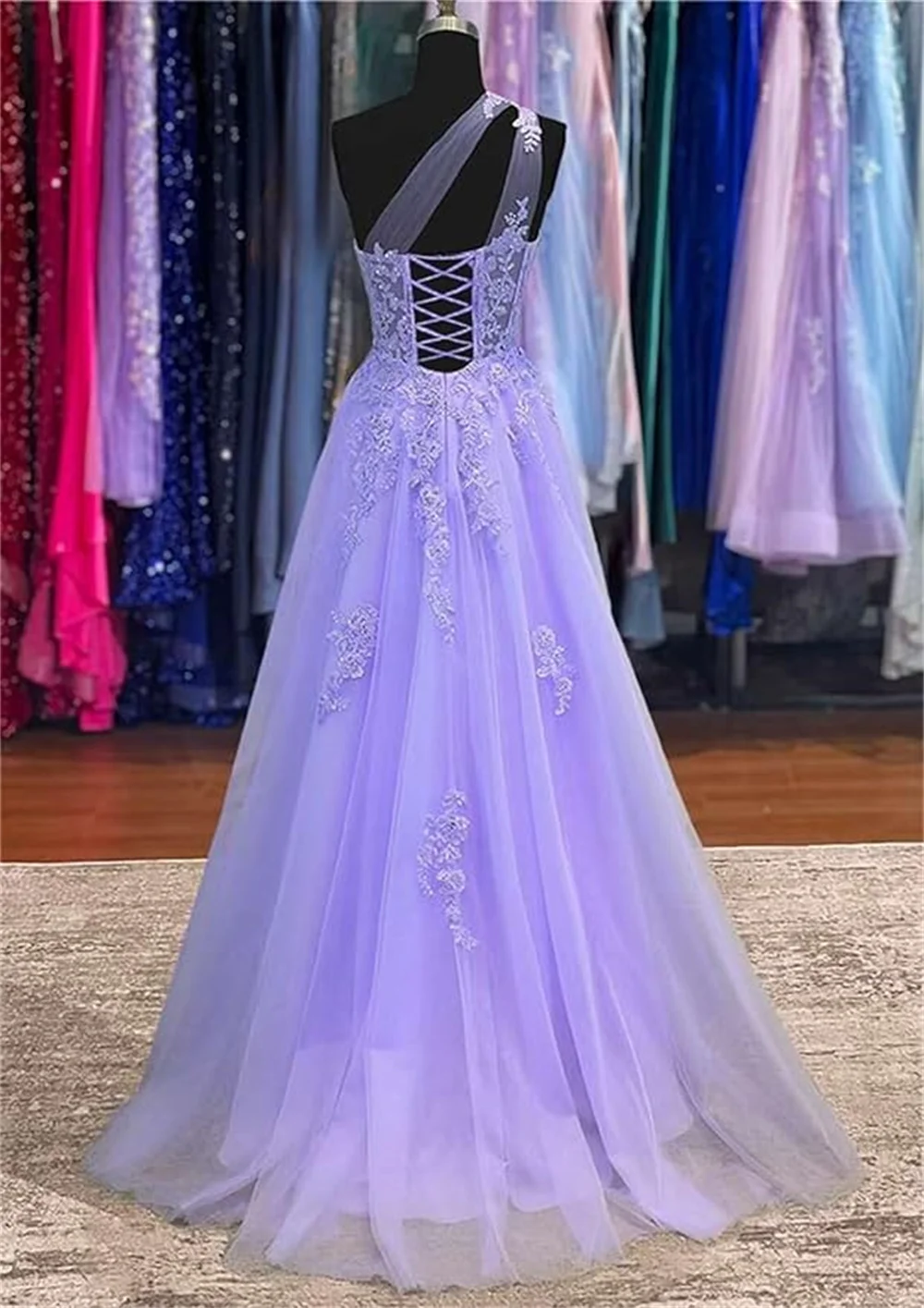 Sansa-Lavender Lace Appliques Prom Dress feminino, vestidos de tule de um ombro, elegantes vestidos de casamento sem mangas até o chão