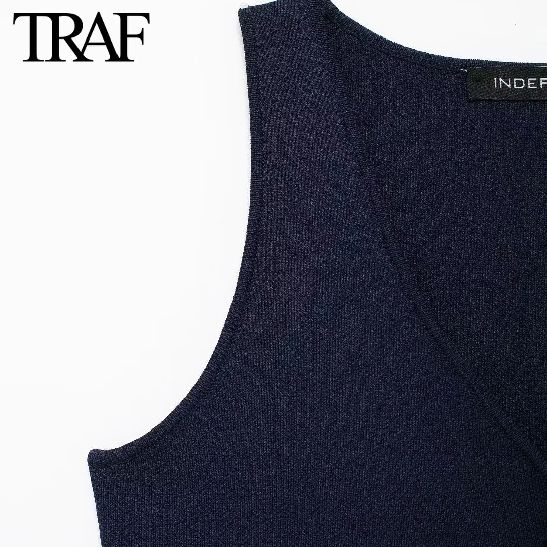 TRAF Women Fashion Spring New Sleeveless V-neck Single Breasted Cardigan Knitted Sweater Short Vest Sweet Chic Ladies Tops