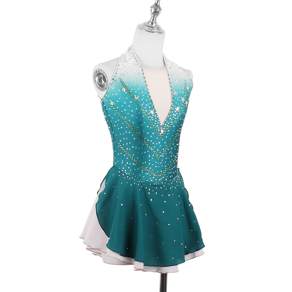 Zagitova Figure Skating Dress For Women Girls Ice Skating Skirt Performance Competition Gradient Green Sleeveless