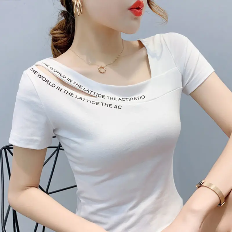 Short Sleeve Solid Hollow Out Slim Tops Tees Summer New Letter Printing Irregular Fashion T Shirts Casual Trend Women Clothing