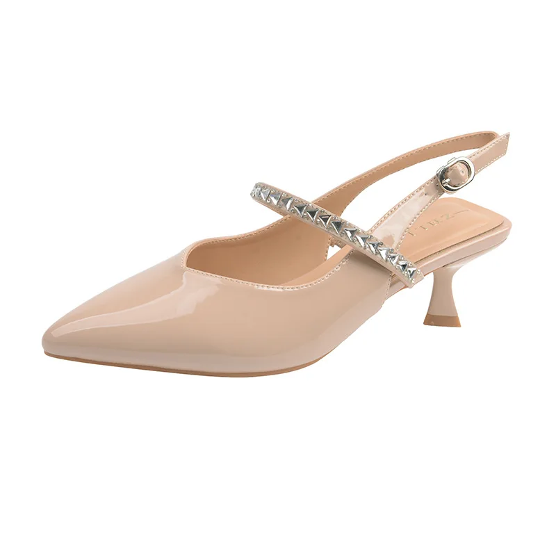 Nude-colored closed-toe mules with rhinestones, pointed-toe high heels for wide and wide-footed women, plus-size women's shoes view 6