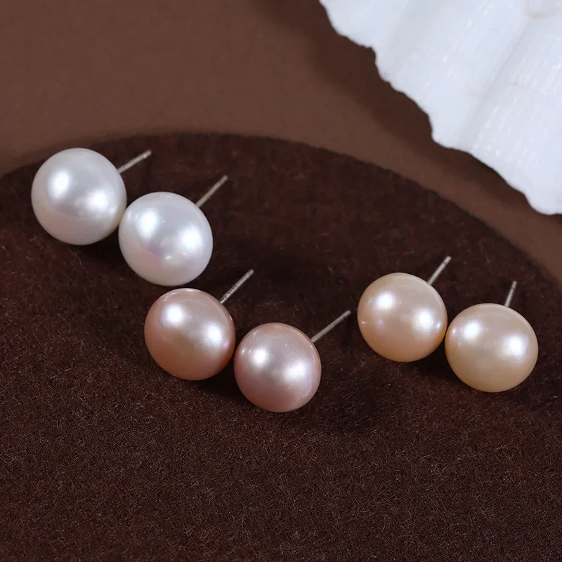 Real Natural Pearl Stud Earrings Womens 925 Sterling Silver Round Button Cultured Freshwater Pearls Ear Studs Classical Jewelry