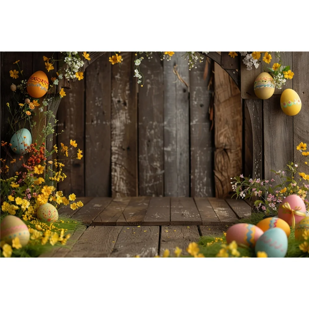 Wooden Wall Background for Easter Photography Eggs Flowers Bunny Newborn Baby Shower Prop Kids Party Photo Booth Backdrops