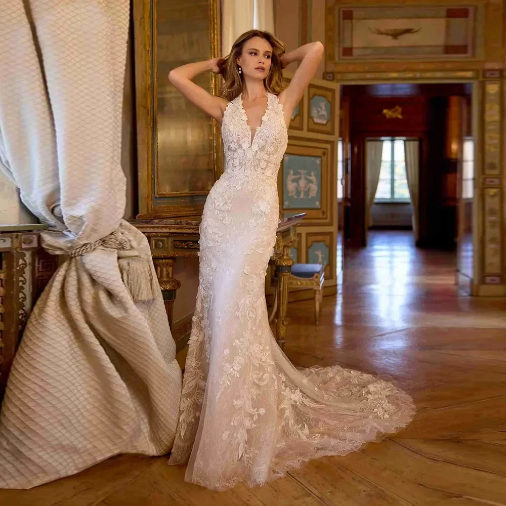 

Flavinke Customized Elegant Lace Appliques Wedding Dresses for Women Mermaid V-Neck Court Train Bridal Dresses Vestidos De Novia