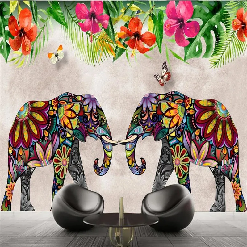 

Pastoral Watercolor Plant Elephant Animal Background Wall Paper 3D Southeast Asian Restaurant Hotel Decor Mural Wallpaper 3D